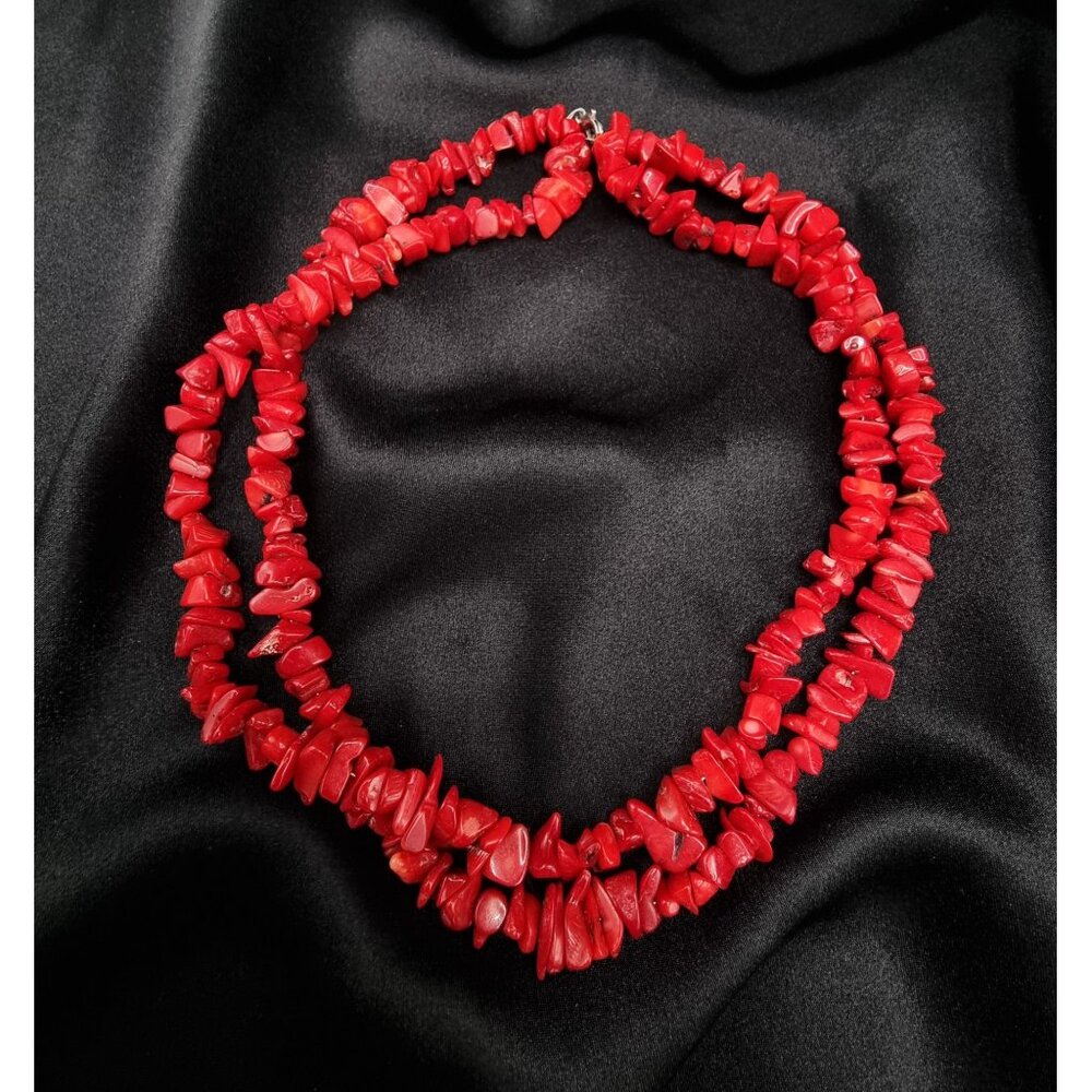 Genuine Coral Double Strand Necklace With 925 Sterling Silver Clasp